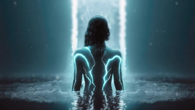 Futuristic Cyber Augmented Artificial Woman Hybrid Standing in front of an Inter Dimensional Portal Surrounded By Water Futurism Virtual Reality Concept Science Fiction
