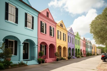 Vibrant Charleston rainbow homes. Generative AI