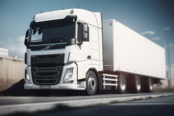 A 3D rendering of a speedy white truck designed for fast shipping. Generative AI