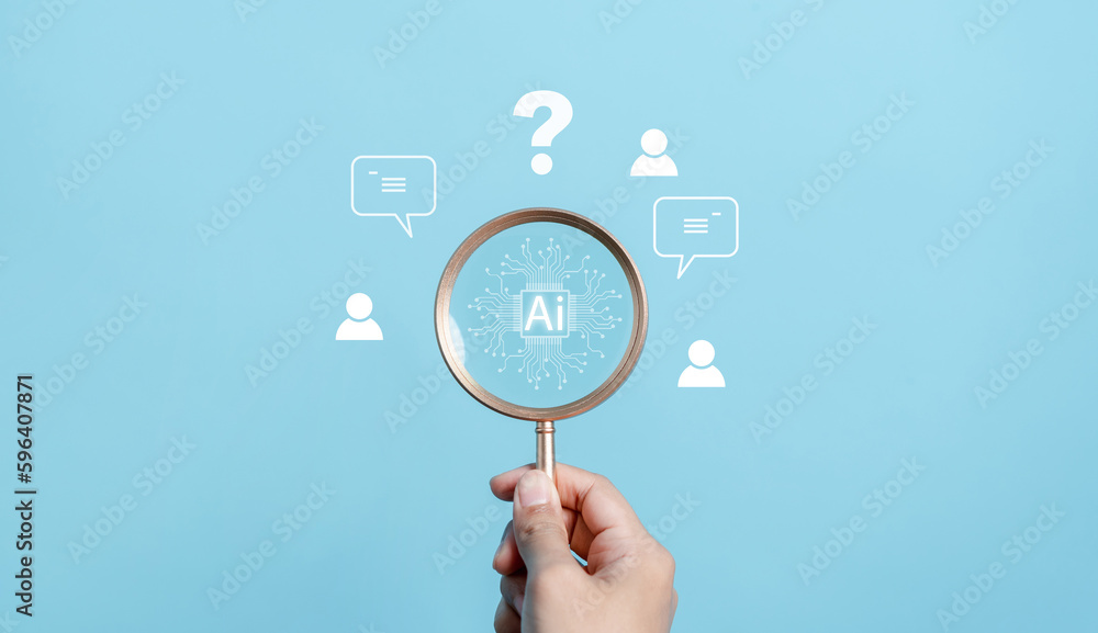 Leinwandbilder Hand with magnifier focus to chat bot intelligence icon. Ai Technology System. Chat Question and answer with AI Artificial Intelligence, developed by OpenAI generate. Futuristic technology.