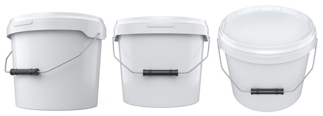 Set of plastic cans or buckets of paint with handle on white background. - obrazy, fototapety, plakaty