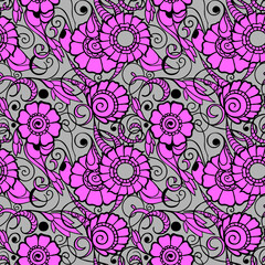 Fototapeta premium seamless pattern of large pink flowers with a black outline on a gray background, texture, design