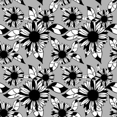 seamless background of large black and white inflorescences on a gray background, texture, design