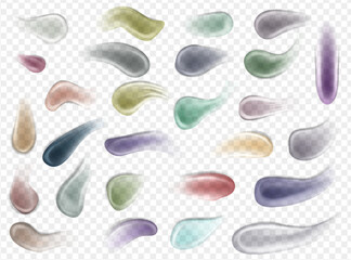 Cream smears. Scrub and gel smears swatch set. Cosmetics product. Realistic 3d skin care products swatches vector set