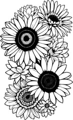 black graphic contour drawing of a bouquet of flowers on a white background, design