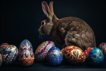Fototapeta na wymiar Vibrant art of a rabbit amidst easter eggs. Generative AI