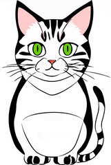 graphic drawing white cat with green eyes, logo