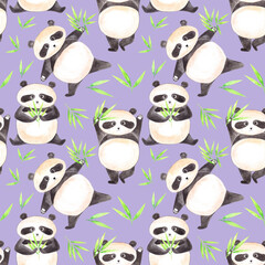 Watercolor seamless summer pattern with cute funny pandas in different positions holding bamboo leaves on violet background. Funny kids illustrations for print wrapper,fabric,cards
