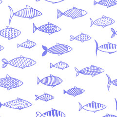 Hand drawn line art seamless pattern with many violet purple lined different fish on white background.Print cards,invitations,design