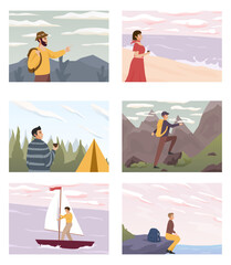 Set of people look into future vector flat illustration. People travel in nature, looking at sky horizons, clouds, stars set. Outdoor summer adventures