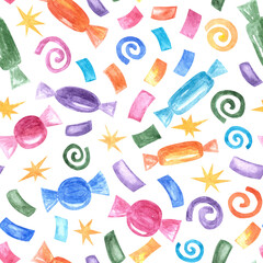Hand drawn watercolor bright christmas, birthday,halloween party seamless pattern with many sweet candies,stars,confetti,serpantine.Colorful celebration background