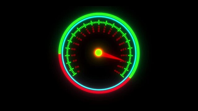 High Speed Animation Of Speedometer On Black Background. Closeup View Of Speedometer. Car Bike High Speed Meter. 