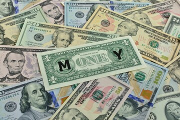 A one-dollar bill with the letters M and Y added, turned into the word Money on a background of hundred-dollar bills. The concept of increasing income and getting a big profit from small investments