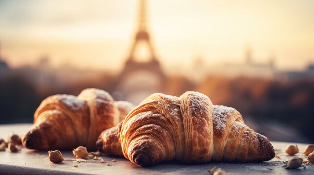 Delicious french croissants on romantic background of Eiffel tower, Paris. Based on Generative AI