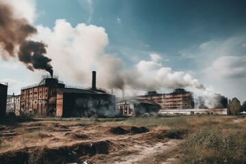 Fototapeta na wymiar Tall factories smoking on ground, blue sky background. Generative AI
