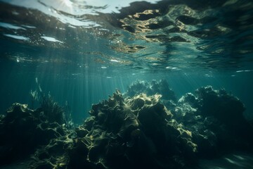 Fototapeta na wymiar Underwater scenery with abstract patterns in ocean water. Generative AI