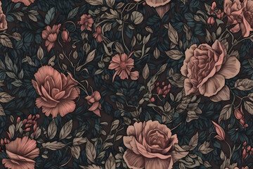 Fototapeta premium Seamless vintage roses pattern, ai generative illustration