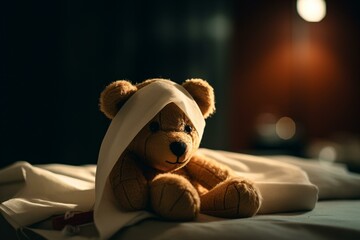 Bandaged teddy bear resting on bed. Generative AI