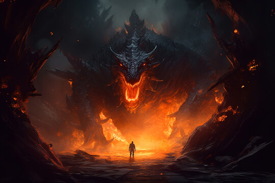 Fire breaths explode from a giant dragon in a black night, the epic battle evil concept art. ai generative