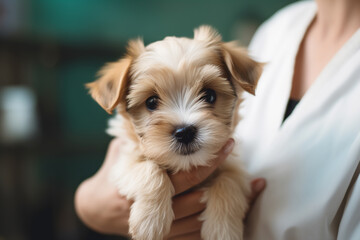 The veterinarian holds a cute puppy in his arms. ai generative