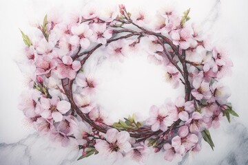 Watercolor spring sakura wreath. Unique pattern. Generative AI