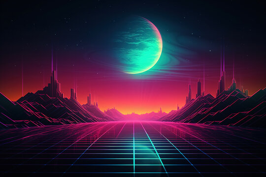 Retro Neon Synthwave Wallpaper With Mountains. Ai