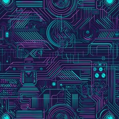 A seamless tile of blue and purple computer circuit board. Generative AI. 