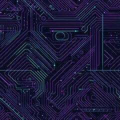 A seamless tile of blue and purple computer circuit board. Generative AI. 