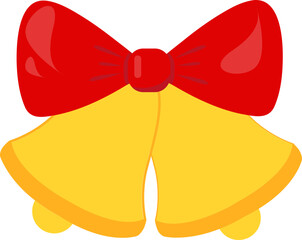 Golden Jingle bells and red ribbon.Concept Merry Christmas, Happy New Yeur. Cartoon flat design. Vector illustration.
