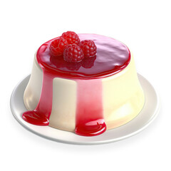 Close up panna cotta and raspberry sauce with white plate on cutout PNG transparent background. Generative AI - obrazy, fototapety, plakaty