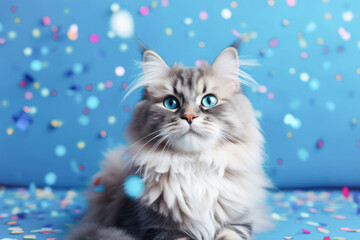 Cute little kitten, portrait, bright blue background with flying confetti. Template for postcard, layout with copy space,