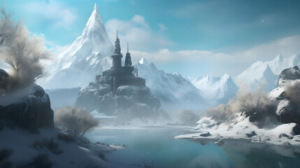 Fototapeta premium A lonely tower near a frozen lake.