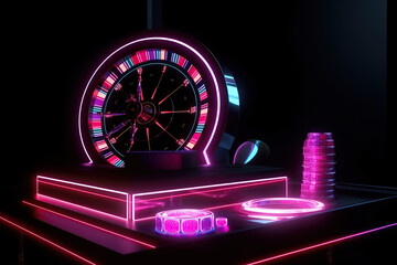 Neon Casino Slot Machine, Glowing Casino Roulette, digital futuristic and hologram concept, created with Generative AI