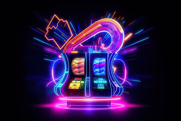 Neon Casino Slot Machine, Glowing Casino Roulette, digital futuristic and hologram concept, created with Generative AI