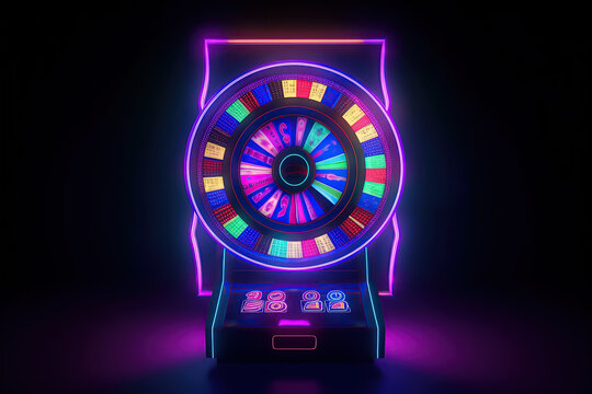 Neon Casino Slot Machine, Glowing Casino Roulette, digital futuristic and hologram concept, created with Generative AI