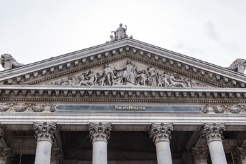 Architectural fragment of Brussels Stock Exchange building (BeursBourse) on the Place de la Bourse....