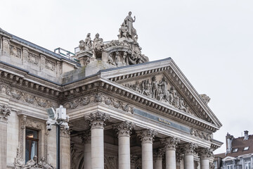 Architectural fragment of Brussels Stock Exchange building (BeursBourse) on the Place de la Bourse....