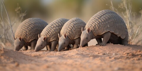 A family of armadillos digging burrows in a dry desert, concept of Animal habitats, created with Generative AI technology