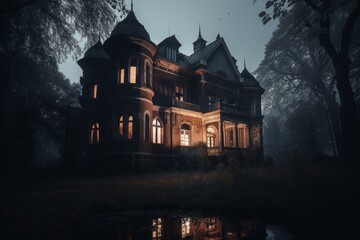 Fototapeta na wymiar Eerie dark mansion in the evening. Generative AI