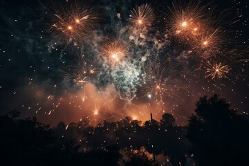 Fototapeta na wymiar Night sky lit up by fireworks. Generative AI