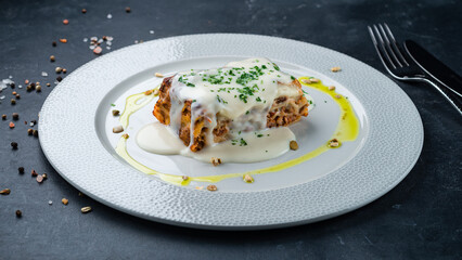 Italian lasagna with bechamel sauce and bolognese.