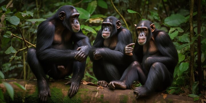 A family of chimpanzees grooming each other in a lush jungle, concept of Social hierarchy, created with Generative AI technology