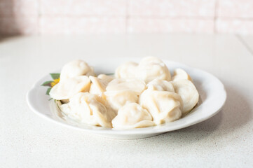 Meat dumplings plate, fast food . Horizontal photo. Delicious hot pelmeni
