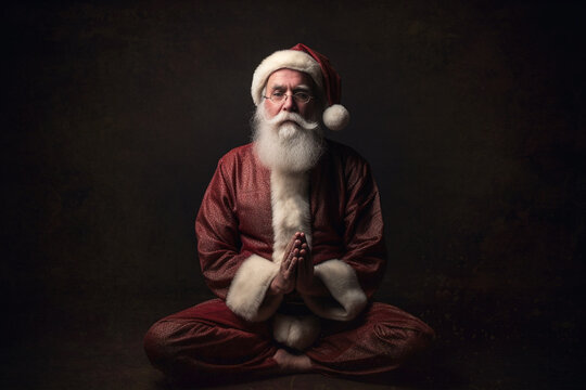 Santa Claus meditating while sitting on the floor in the lotus position. Copy space for text. Generative AI.