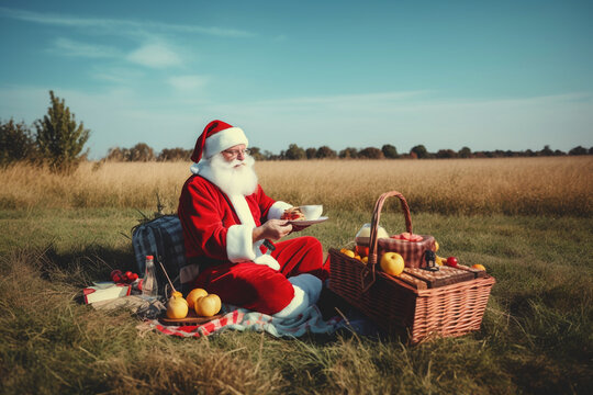 Santa Claus has a picnic in the outdoors and enjoys the sunny summer weather. Generative AI.