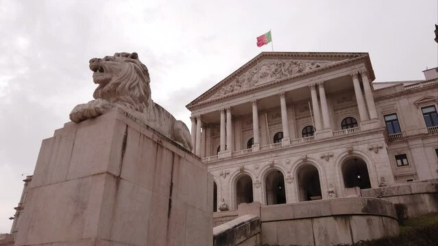 Lisbon, Portugal, February 19, 2023: National Republican Guard, GNR, sentry at the Sao Bento Palace, the seat of the Assembly of the Portuguese Republic, the parliament of Portugal.