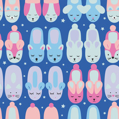 Seamless pattern with cute slippers with faces in night sleep on a blue background with stars. Cartoon home shoes. Vector illustration for wrapping paper,  baby textile, print, fabric.