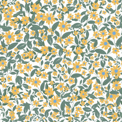 Seamless repeatable floral pattern of pastel scattered flowers on white background.