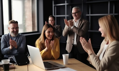 Teamwork Wins: Celebrating Project Completion with Laptop