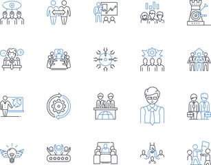 Obraz premium Roundtable Conference line icons collection. Discussion, Collaboration, Brainstorming, Dialogue, Debate, Communication, Meeting vector and linear illustration. Gathering,Symposium,Panel Generative AI